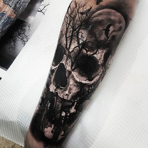 Skull Themed Tattoo Sleeve, Dark Sleeve Tattoo Men, Ripper Tattoo, Realistic Moon Tattoo, Tree Tattoo Men, Skull Sleeve Tattoos, Skull Sleeve, Tattoo Trend, Forest Tattoos