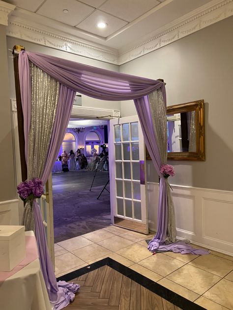 Purple Prom Decor, Shades Of Purple Wedding Decorations, Lilac Quinceanera Decorations, Purple Entryway, Debut Decorations, Purple Quinceanera Theme, Enchanted Forest Quinceanera Theme, Tangled Theme, Quince Decor