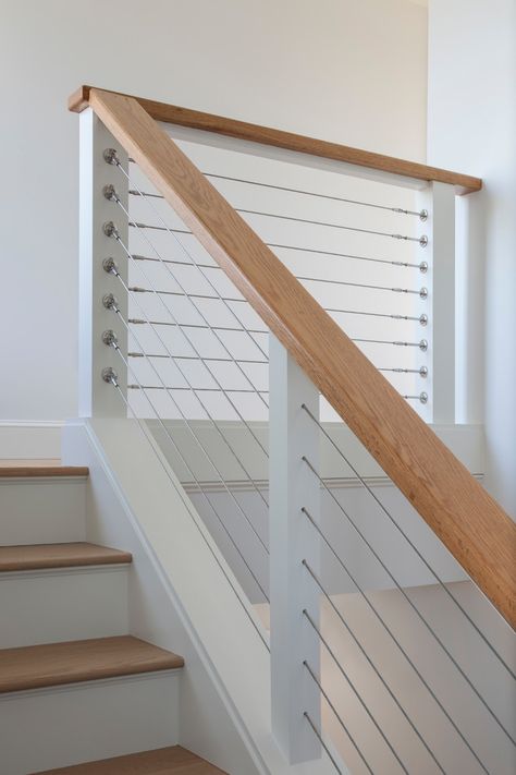 Beach House Staircase, Glass Staircase Railing, Transitional Staircase, Barndominium Interior, Modern Stair Railing, External Staircase, Staircase Railing Design, Staircase Handrail, House Staircase