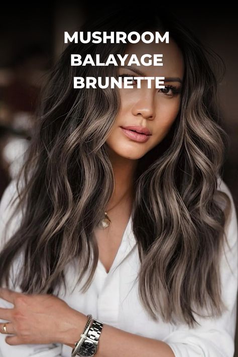 mushroom balayage brunette Hair Colour Mushroom Brown, Long Brunette Color Ideas, Spring 2024 Brunette Hair, Cool Dark Hair Color Ideas, Mushroom Balayage Brunette Short, Earthy Brunette Balayage, Cool Tone Hair Color Brunettes, Balayage Hair Cool Tone, Tone On Tone Balayage Brunettes