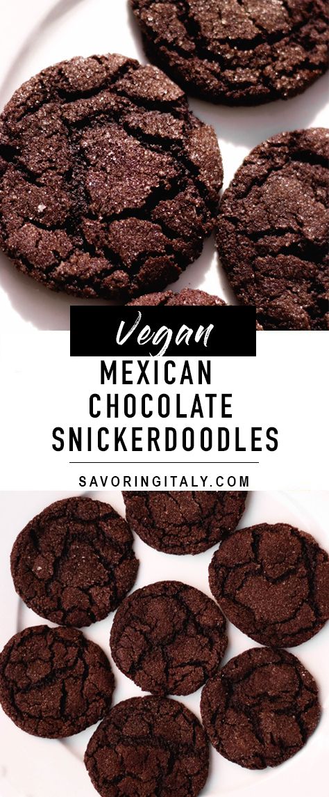 Vegan Mexican Chocolate Snickerdoodles are an easy to make vegan cookie recipe. Packed with irresistible flavor from the cayenne pepper, cinnamon and chocolate! The cookies have a soft center, crispy edges, crackled top, and are rolled in cinnamon-sugar. The perfect cinnamon-chocolate combo with a touch of spice! #chocolatecookies #cinnamonsugar #vegan #mexicancookies #snickerdoodles #christmascookies #holidaycookies #recipes #cookierecipes Mexican Cookies Recipes, Mexican Chocolate Cookies, Vegan Cookie Recipe, Chocolate Snickerdoodles, Spice Sugar Cookies, Cinnamon Desserts, Vegan Cookie, Spiced Chocolate, Vegan Cookies Recipes