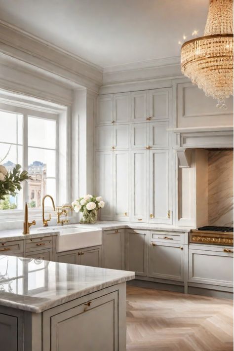 Timeless kitchen with marble, brass, and chandelier Kitchen Brass Accents, Brass White Kitchen, Stunning Kitchens Classic, Rich Kitchen Aesthetic, Modern Parisian Kitchen Design, Rachel Parcell Kitchen, European Inspired Kitchen, Scandinavian Kitchen Design Ideas, Current Kitchen Trends 2024