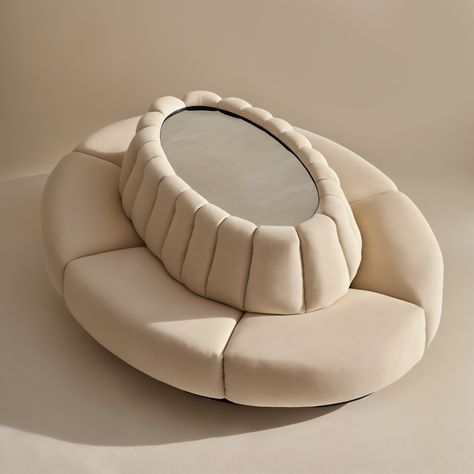 Circular beige sofa with all-around seating, perfect for modern living spaces Closet Ottoman, Semi Circle Sofa, Circular Couch, Circular Sofa, Circular Seating, Island Sofa, Contemporary Living Room Chairs, Round Couch, Circle Sofa