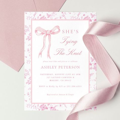 Pink Bow Toile She's Tying The Knot Bridal Shower Invitation Tying The Knot Invitations, Extra Wedding, Bow Theme, Bridal Shower Pink, Pink Bridal Shower Invitations, Night Mood, Bridal Shower Inspo, Bow Party, Sweet Rain