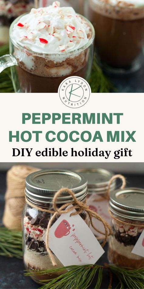 Looking for a fun DIY Christmas gift? This  peppermint hot chocolate mix in a jar is the perfect edible gift for the holidays. This creamy, flavorful homemade hot cocoa is easy to make and oh-so-delicious to receive! Homemade Peppermint Hot Chocolate Mix Recipe, Peppermint Hot Chocolate Mix Recipe Dry, Hot Chocolate Packets Gift Ideas, Hot Chocolate In A Jar Recipe, Hot Cocoa Jars, Cocoa Mix In A Jar, Peppermint Hot Chocolate Mix, Diy Hot Chocolate Mix, Peppermint Hot Chocolate Recipe