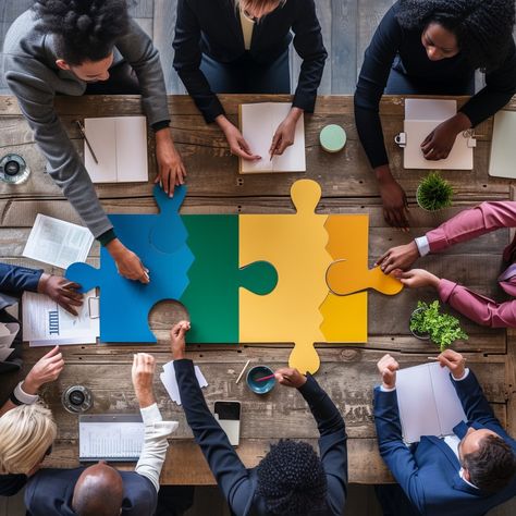 Teamwork Completes Puzzle: A diverse team collaboratively working on assembling large puzzle pieces on a table to solve a challenge. #teamwork #collaboration #puzzle #assembly #diversity #table #hands #team #aiart #aiphoto #stockcake https://ayr.app/l/4ZNk People Collaborating, Creative Collaboration, Teamwork Pictures, Team Collaboration, Creative Team, Good Team Quotes, Corporate Team Building Activities, Community Picture, Large Puzzle Pieces