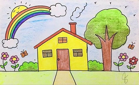 ♥ Rainbow Scenery Drawing For Kids, Rainbow Drawing For Kids, Colourful Drawing, Odyssey Art, Simple House Drawing, Drawing Pictures For Kids, House Drawing For Kids, Scenery Drawing For Kids, Toddler Drawing