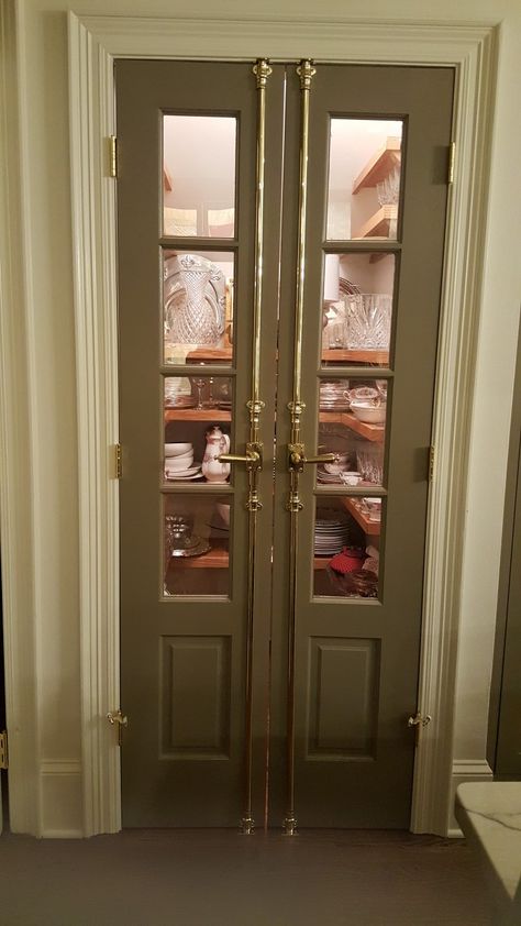 Butlers Pantry Cabinets Built Ins, Cremone Bolts On Kitchen Cabinets, Traditional Butlers Pantry, English Butlers Pantry, Fun Pantry Doors, Butler Door Swinging, Butlers Pantry Hallway, Double Door Pantry Ideas, Butler Pantry Door