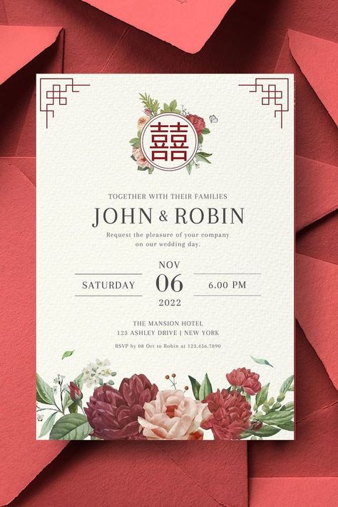 Chinese Wedding Invitation Card with Double Happiness | Asian Wedding Card 结婚请柬 Wedding Card Writing, Chinese Wedding Invitation Card, Invitation Card Diy, Asian Wedding Invitations, Digital Wedding Card, Chinese Wedding Invitation, Chinese Wedding Decor, Free Wedding Invitation Templates, Traditional Henna