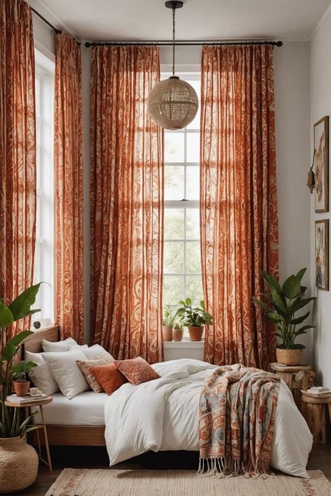 Embark on a bohemian dreamland with these irresistible curtain ideas for your bedroom! Transform your space with soft fabrics, dreamy textures, and enchanting patterns. Let these curtains whisper sweet serenades of comfort and style as you drift off to peaceful slumber. Click now to inspire your bedroom with bohemian bliss! Bohemian Drapes, Boho Curtain Ideas, Boho Style Bedroom Decor, Dye Curtains, Romantic Curtains, Mandala Curtains, Beaded Door Curtains, Bedroom Curtain Ideas, Interrior Design