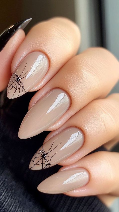 23 Neutral Halloween Nail Ideas for a Stylish Yet Subtle Look | Lookosm Happy Halloween Nails, Black Nails Autumn, Halloween Elegant Nails, October Halloween Nails, Halloween Nude Nails, Subtle Spooky Nails, Halloween Nails Subtle, Nude Halloween Nail Designs, Acrylic Nails Spider Web