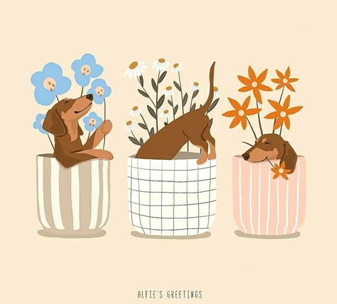 Dog Cooking Illustration, Daschund Illustration Cute, Weener Dogs Drawing, Dog And Flowers Illustration, Dachshund Dog Illustration, Cute Dachshund Drawings, Dachshund Illustration Drawings, Dog With Flowers Drawing, Dachshund Art Illustration