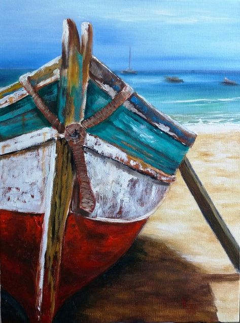 Boat Painting Acrylic, Beach Art Painting, Sailboat Painting, Boat Art, Boat Painting, Canvas Painting Diy, Simple Acrylic Paintings, Small Canvas Art, Art Painting Acrylic