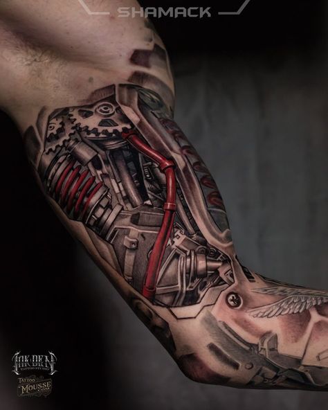 Robotic Arm Tattoo, Biomechanical Tattoo Arm, Mechanical Sleeve Tattoo, Engine Tattoo, Biomechanical Tattoo Design, Robot Tattoo, Trippy Tattoo, Harley Tattoos, Cool Half Sleeve Tattoos