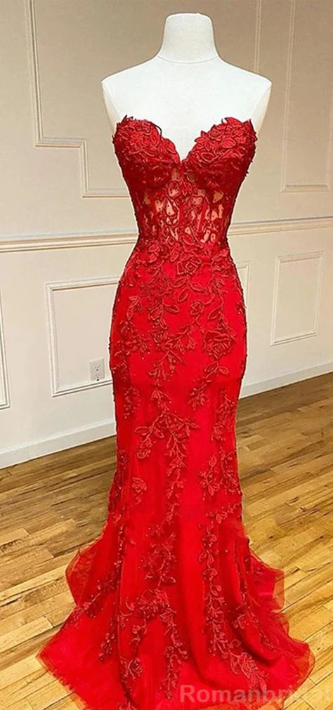 Prom Dresses With Train, Dresses With Train, Prom Dress Strapless, Best Formal Dresses, Red Formal Dresses, Red Lace Prom Dress, Prom Dress With Train, Strapless Prom Dresses, Lace Prom Dress