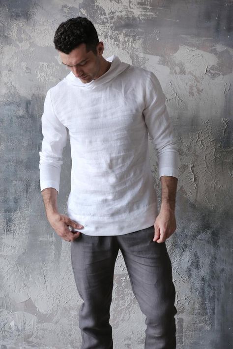 Mens linen hoodieLinen loungewear Sweatshirt Shirt for men | Etsy Hoodie Men Outfit, Men White Shirt, Linen Hoodie, New Clothing Trends, Men Fashion 2020, Male Reference, Stylish Shirts Men, Summer Sweatshirt, Men Tracksuit