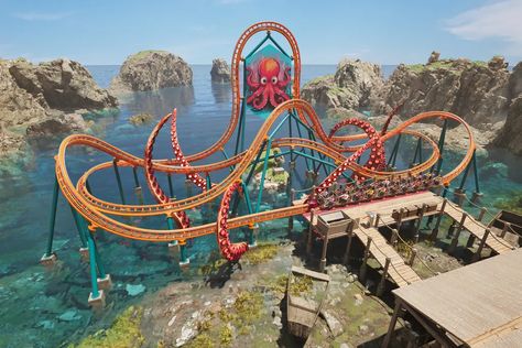 Theme Park Ideas Inspiration, Theme Park Roller Coasters, Planet Coaster Inspiration, Planet Coaster Ideas, Planet Games, Theme Park Planning, Park Entrance, Coaster Ideas, Planet Coaster