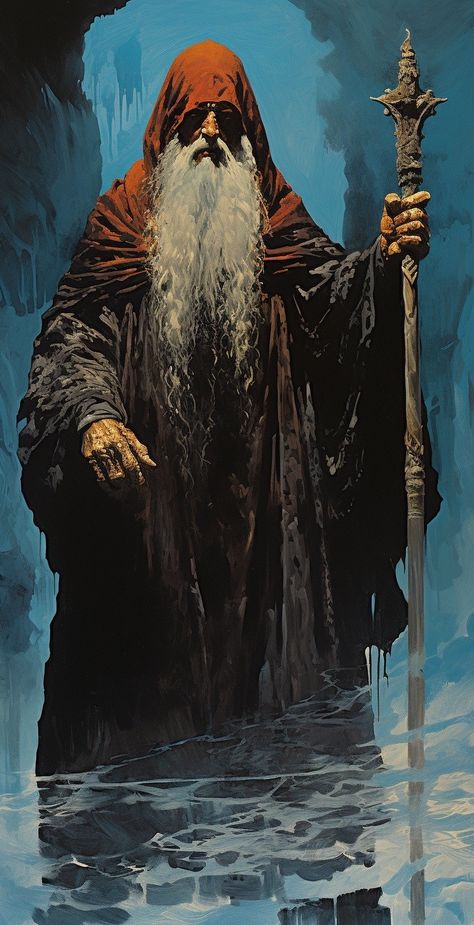 Pulp Fantasy Wizard, Retro Wizard Art, 1970s Fantasy Art, Old Wizard Aesthetic, Cool Wizard Art, Old Wizard Art, Dark Fantasy Wizard, Ancient Wizard, Divination Wizard