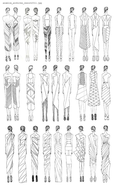 Fashion Sketchbook - geometric dress design sketches - developing a fashion collection; fashion drawings; fashion portfolio // Aramloe Geometric Dress Design, Áo Blu, Fashion Design Inspiration, Hantverk Diy, Books Fashion, Fashion Drawing Sketches, Geometric Fashion, Dress Illustration, Sketch Books