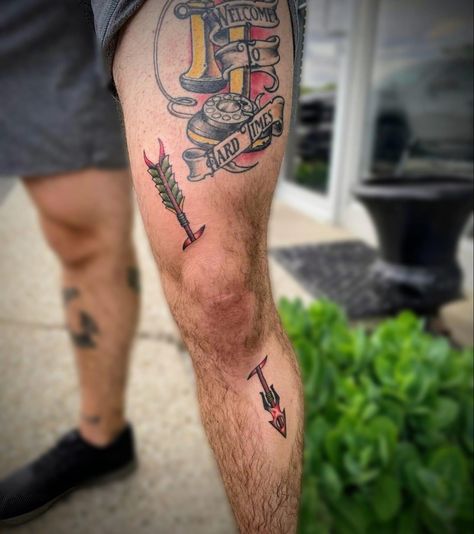 posted by Dakota Davis on fb Arrow In The Knee Tattoo, Arrow Knee Tattoo, Arrow To The Knee Tattoo, Above Knee Traditional Tattoo, Appalachia Tattoo Ideas, Skyrim Traditional Tattoo, Knee Tattoo Men Traditional, Knife Through Skin Tattoo, Leg Traditional Tattoo