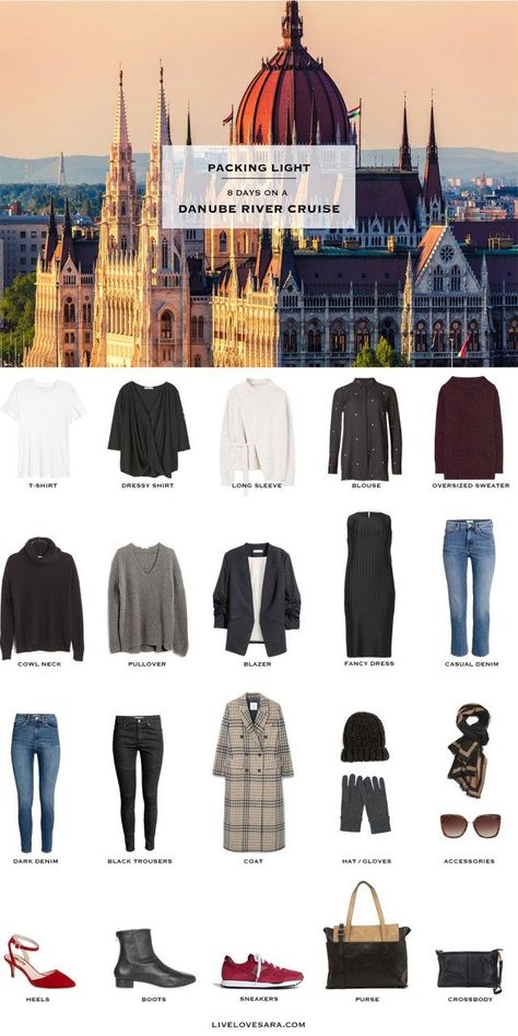 What to Pack for a Danube River Cruise European River Cruise Wardrobe Fall, Fall River Cruise Wardrobe, Danube River Cruise Packing, River Cruise Outfits, Cruise Wardrobe, Cruise Clothes, Fall Packing, Winter Cruise, Cruise Packing List