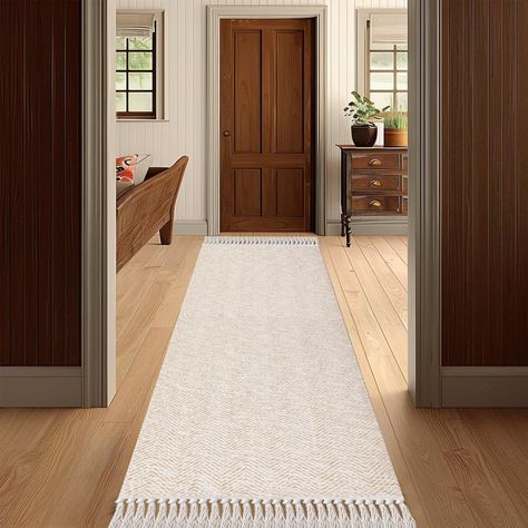 PRICES MAY VARY. 【Soft /Durable】: The polyester and cotton fiber material has high softness, stretchability, no fading. laundry rug placed in low and high-traffic areas without worrying about fiber breakage and damage. The long hallway runner rug for kitchen, hallway, enterway, bathroom, living room, bedroom, and laundry. 【Low Pile Rug/Machine Washable】: The woven carpet is made from durable, stain-resistant material that are easy to clean. the kitchen rugs only needs to be machine washed in col Kitchen Runner Rug Farmhouse, Hallway Runners Ideas, Beige And White Bathroom, Cream Area Rugs, Rug With Tassels, Clean The Kitchen, Long Rugs, Long Hallway Runner, Kitchen Runners