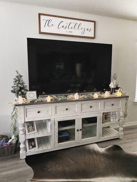 Entertainment Decor Ideas, Farmhouse Above Tv Decor, Decor Around Tv Console, Decorating Top Of Tv Stand, Beside Tv Stand Decor, Christmas Decor By Tv, Large Wall With Tv Decor Living Room, Simple Tv Stand Christmas Decor, How To Decorate Above Tv Living Rooms