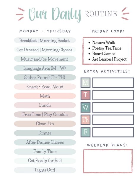 How we've figured out a daily routine that provides a feast of topics with the freedom and flexibility of a 4-day homeschool week. Free Printable Homeschool Schedule, Printable Homeschool Schedule, Printable School Schedule, Classroom Homeschool, Home School Routine, Homeschool Journal, Homeschool Routine Chart, Easy Homeschool Schedule, Homeschool Day Schedule