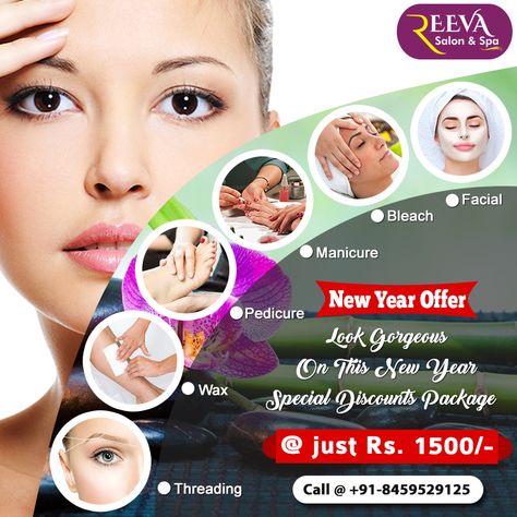 🎊🎉NEW YEAR OFFER🎊🎉 👉Look gorgeous on this new year 💃 Special discount package @ just Rs. 1500/- 💁‍♀️Including Facial, Bleach, Manicure, Pedicure, Wax, Threading  Book your appointment now at ☎️ +91-9823179317 / 8459529125 #reevasalonspa #beautysalon #beautycare #facial #waxing #threading #bleach #manicure #pedicure #facialtreatments #skincare #beautytreatments Beauty Offer Poster, New Year Salon Offer, New Year Offer Poster Design, Beauty Parlour Poster Design, Beauty Parlour Offer Poster, Facial Bleach, New Year Beauty, Manicure Quotes, Beauty Salon Price List