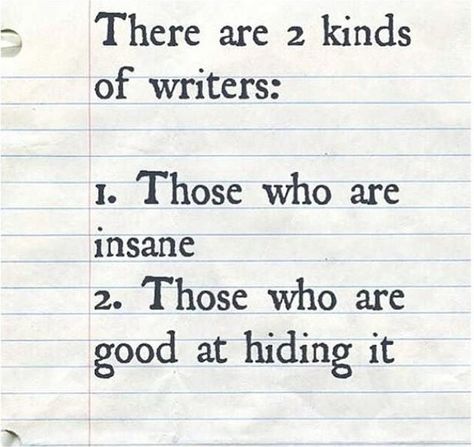 Two Kinds Of Writers - Writers Write. I am good at hiding it for a while and then when u get to know me, you realize that I am VERY crazy. Writer Memes, Writer Humor, Writing Humor, Writing Memes, Writing Motivation, Writer Quotes, Quotes Thoughts, Writers Write, Book Writing Tips