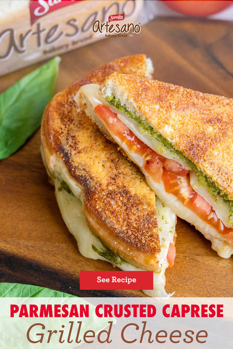 This Parmesan Crusted Caprese Grilled Cheese is delicious from the inside out. Layer Mozzarella, tomatoes soaked in balsamic and pesto spread between slices of Sara Lee Artesano Bread topped with butter, Parmesan and garlic powder and prepare to be amazed. Parmesan Crusted Caprese Grilled Cheese, Artesano Bread Recipes, Caprese Grilled Cheese, Grilled Cheese Recipe, Sara Lee, Grilled Cheese Recipes, Parmesan Crusted, Cheese Recipe, Cheese Sandwich