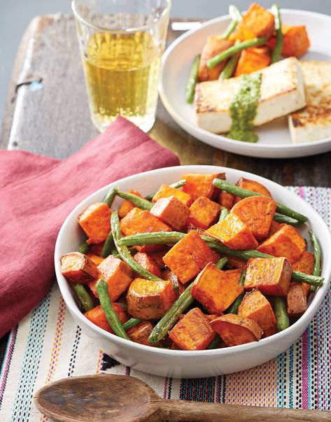 Roasted Sweet Potatoes & Green Beans Recipe Sweet Potato And Green Bean Recipes, Roasted Sweet Potato And Green Beans, Roasted Green Beans And Sweet Potatoes, Green Bean And Sweet Potato Recipes, Nutrient Dense Side Dishes, Green Beans Sweet Potato, Green Bean Sweet Potato Recipes, Green Bean And Potato Recipe, Sweet Potato And Green Beans