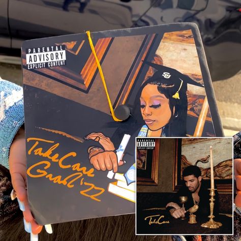 Grad Cap Ideas Drake, Graduation Cap Designs Drake, Drake Grad Cap, Album Cover Grad Cap, Graduation Cap Ideas Sza, Rapper Graduation Cap, Drake Graduation Cap, Cap Decor Ideas, Creative Graduation Caps