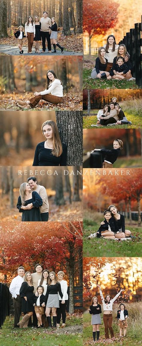 collage from Family photo session in the late fall with red and orange leaves. Blended Family Pictures Poses, Big Family Holiday Photos, Fall Family Photos 7 People, Diy Fall Pictures Family, Family Fall Photoshoot With Teenagers, Fall Family Photos Large Family, Fall Family Photos Teenage, Fall Family Photoshoot Ideas With Teenagers, High Fashion Family Photoshoot