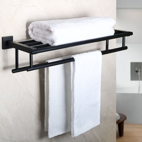 Toallero Ideas, Wall Towel Racks, Mounted Towel Rack, Wall Mounted Towel Rack, Double Towel Bar, Towel Shelf, Bar Rack, Geometric Elements, Black Towels