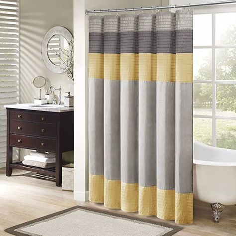 Blue Grey Walls, Yellow Shower Curtains, Home Essence, Striped Shower Curtains, Yellow Bathrooms, Grey Curtains, Shower Liner, Madison Park, Colorful Curtains