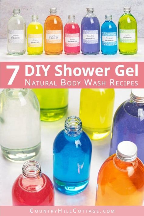 Learn how to make shower gel from scratch without castile soap or honey. This easy vegan DIY shower gel recipe that lathers is suitable for dry skin, sensitive skin, and kids. The best homemade body wash is made with natural organic materials, essential oils and glycerin. Included are 7 shower gel recipes for rose, lavender, jasmine, lemon, mint, and bodywash for men. With tips for packaging ideas for bottles and dispenser, how to use plus free printable label designs. | CountryHillCottage.com Diy Shower Gel Recipes, Body Wash Diy Shower Gel, How To Use Body Wash, Body Care Diy Products, Homemade Shower Gel Recipes, How To Make Shower Gel Recipe, Diy Shower Gel Homemade Body Wash, Bodywash Packaging Design, How To Make Shower Gel