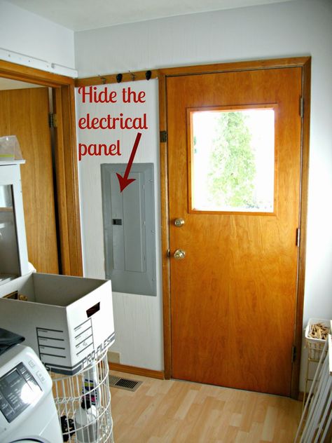 Laundry Room Redo - Hiding the Electrical Panel & Hot Water Heater - Little Vintage Cottage Ideas To Hide Water Heater, Hide Electrical Panel Indoor, Hot Water Heater Hide, Hide Water Heater, Hide Electrical Panel, Water Heater Cover, Water Heater Closet, Laundry Room Redo, Cottage Laundry