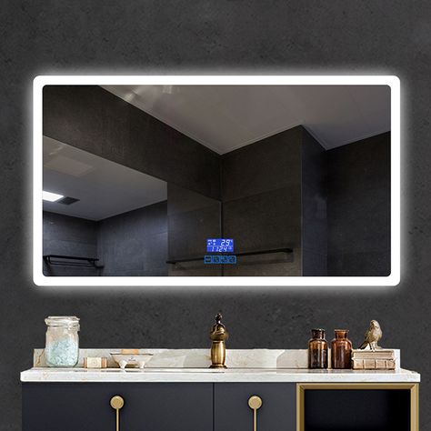 Vibey Room Ideas Led Lights, Bathroom Led Light, Hotel Bathroom Mirror, Large Mirrior With Lights, Touch Screen Mirror, Touch Mirror, Futuristic Things, Backlit Bathroom Mirror Rectangle, Luxury Led Mirror