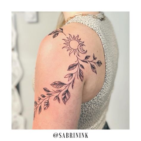 Vines for @blake.shyah 🌿 - scroll ➡️ for close up ✨ #vinestattoo #leavestattoo #finelinetattoo #naturetattoo #suntattoo #moontattoo #sunandmoontattoo Moon And Vines Tattoo, Sun And Vine Tattoo, Vines Tattoo, Sun And Moon Tattoo, Vine Tattoos, Sun Tattoo, Nature Tattoos, Fine Line Tattoos, S Tattoo