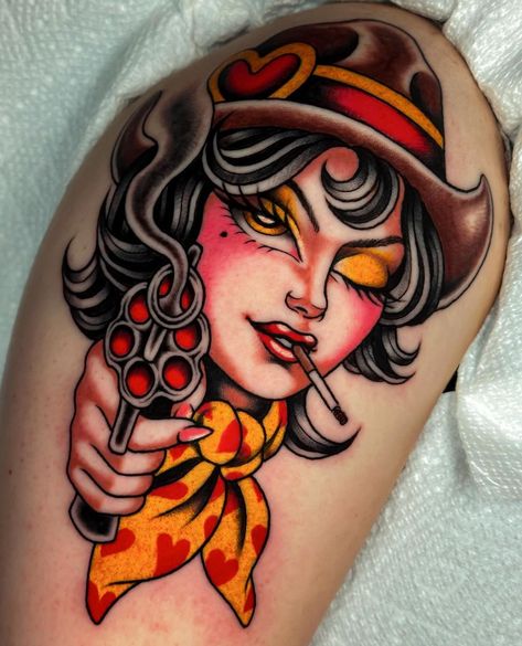 Amber | Pistol cowgirl for Gwen! Thank you so much Gwen for letting me tattoo you! Done during my guest spot to @rainbowdemondenver You can now… | Instagram Lady Face Tattoos, American Trad Woman, American Traditional Cowgirl Tattoo, American Traditional Cowboy Tattoo, Cowgirl Tattoos Traditional, Traditional Cowgirl Tattoo, Traditional Tattoo Indian, New School Tattoo Designs, Traditional Tattoo Pin Up