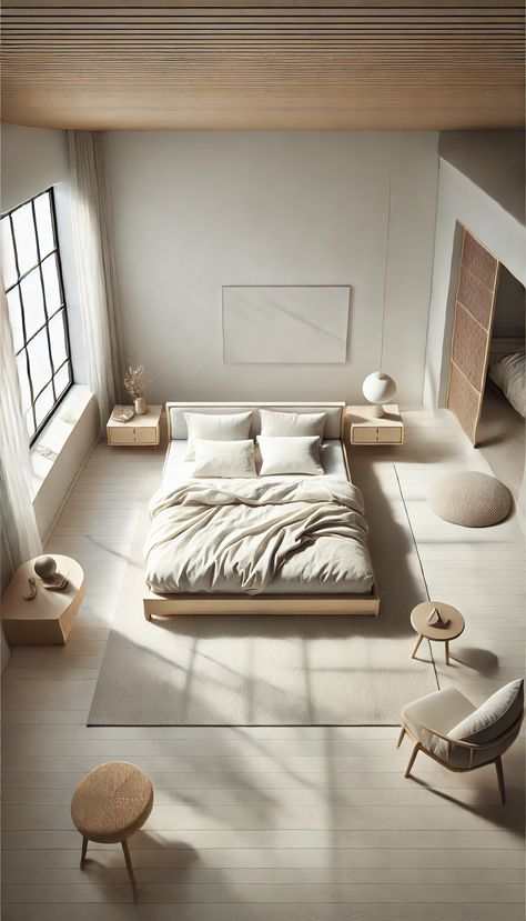 A minimalist bedroom viewed from above, featuring a low-profile bed with light bedding, clean lines, and uncluttered surfaces. Natural light fills the space, creating a calm and functional atmosphere. Bedroom From Above, Simple Clean Home, Minimalist Aesthetic Bedroom, Light Bedding, Simple Rooms, Minimalism Room, Soft Decor, Simple Headboard, Brighter Bedroom