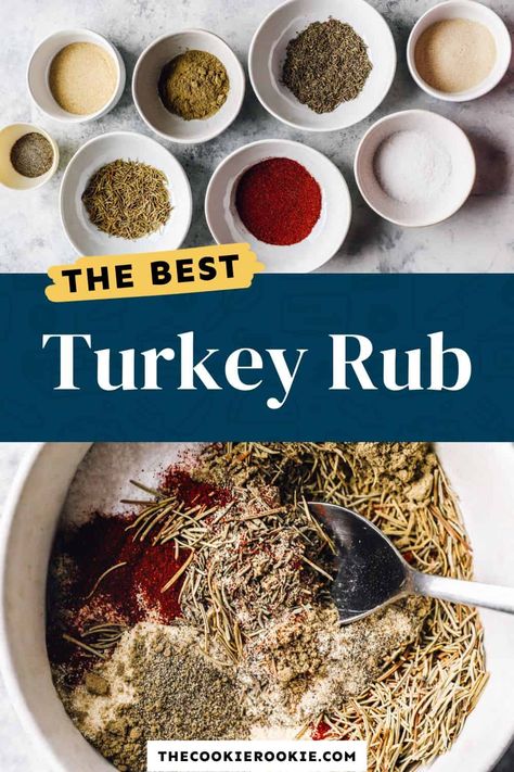 Turkey Rub is here to make sure you never serve a bland turkey on Thanksgiving! This simple seasoning blend features sage, rosemary, thyme, paprika, garlic powder, and more. It's the best and easiest way to make sure your turkey always tastes the best! Thanksgiving Turkey Seasoning, Turkey Rub Recipes Thanksgiving, Best Turkey Seasoning, Best Turkey Rub Recipe, Turkey Rub Recipes, The Perfect Turkey, Turkey Rub, Turkey Seasoning, Dry Rub Recipes