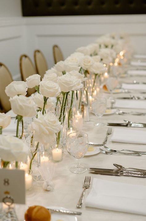 Civil Wedding Party Decor, White And Candle Wedding, Clean Aesthetic Wedding, Long Rectangular Wedding Table Decor, Wedding Ideas Minimalist, White Roses Table Decor, Long Table Wedding Flowers, Modern Minimal Wedding Decor, Engagement Dinner Table