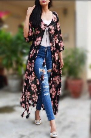 Dress Floral Prints, Black Dress Floral, Style Black Dress, Long Shrug, Shrug For Dresses, Salwar Kamiz, Designer Dresses Indian, Kurta Designs, Indian Designer Wear