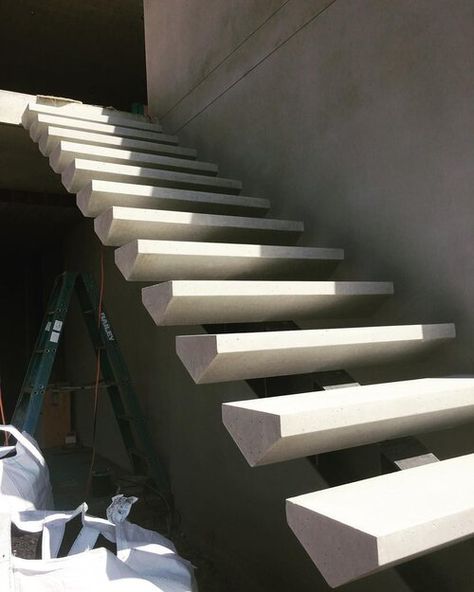 Floating Concrete Stairs, Stairs Detail, Stairs Living Room, Resort Website, Stairs Modern, Staircase Architecture, Metal Stair Railing, Exterior Finishes, Concrete Staircase