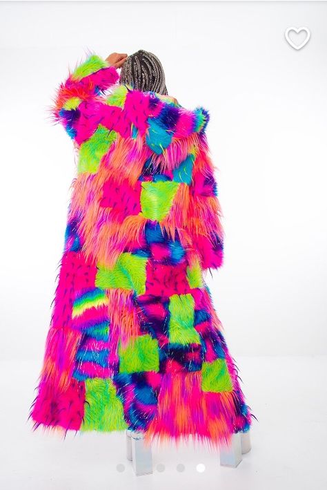 Patchwork Fur Coat, Patchwork Rainbow, Africa Burn, Rainbow Festival, Festival Coats, 90s Rave, Patchwork Coat, Neon Fashion, Burning Man