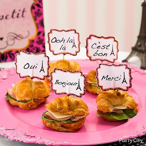 French Day Decoration, Paris Treats Party Ideas, Parisian Party Food, French Food Party, French Themed Birthday, Paris Party Decorations, Croissant Sandwiches, Parisian Party Theme, French Themed Parties