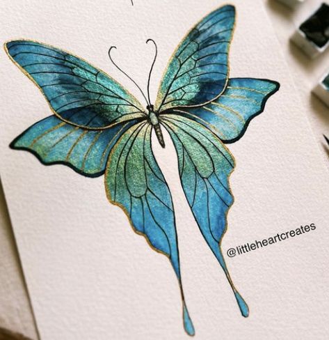 Two Butterfly Drawing, Mini Canvas Butterfly Painting, Love Watercolor Art, Metallic Watercolor Butterfly, Paintings With Metallic Paint, Metallic Watercolor Art, Metallic Painting Ideas, Butterfly Sketch Simple, Watercolor Butterfly Painting