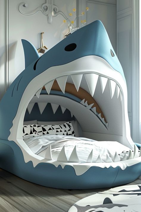 Transform your bedroom into an underwater sanctuary with jaw-dropping shark beds! 🌊 Drift off to sleep surrounded by the beauty of the ocean and unleash your inner adventurer. #SharkBeds #BedroomDecor #UnderwaterSanctuary #HomeDesign #DreamBedroom Shark Bedroom, Shark Bedding, Shark Room, Ocean Room Decor, Shark Facts, Shark Pictures, Ocean Room, Shark Bait, Shark Plush